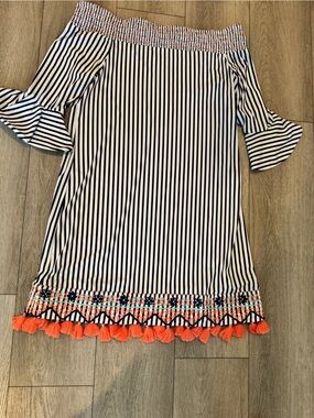 Cabana Life Navy and White Striped Off-Shoulder Dress with Coral Accents
